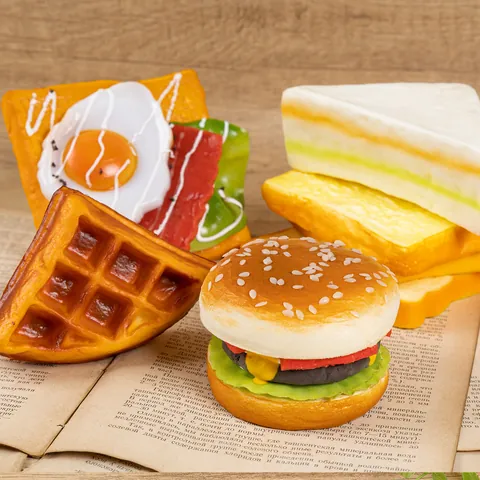PU Simulation Burger Sandwich Toast Model Fake Food Simulation Squishy Waffle Bread Photography Props Home Kitchen Decor Realistic Food Toy