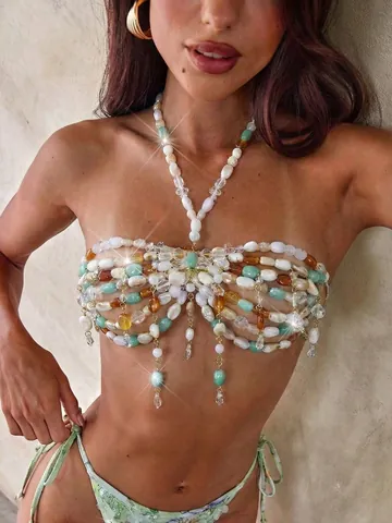 2026 Nuovo Y2K Estetica Mermaidcore Top Bikini Halter Fatto a Mano Con Nappe Multicolore Paillettes Bustier Top da Donna