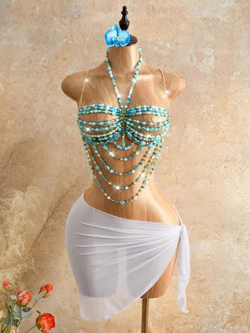 Cadena de Cuerpo Bralette con Cuentas de Acrílico Bohemio Sexy Calado Azul Verde Colorblock Top de Playa para Mujeres