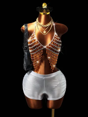 Women Sexy Rhinestone Tassel Body Chain Halter Acrylic Crystal Chest Chain For Rave Party Nightclub Music Festival Jewelry