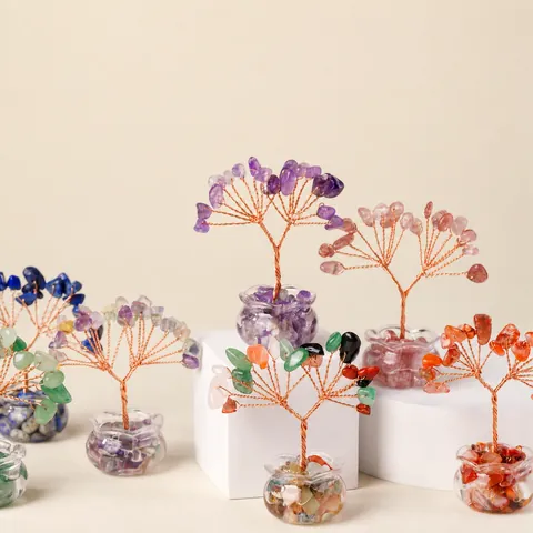 Natürlicher Kristall-Geldbaum Miniatur-Reichtums-Glücksbaum Handgefertigter Kupferdraht-Umwickelter Edelsteinbaum Mit Glasschalen-Basis Für Home-Office-Auto-Dekor Feng Shui Ornament Geschenk