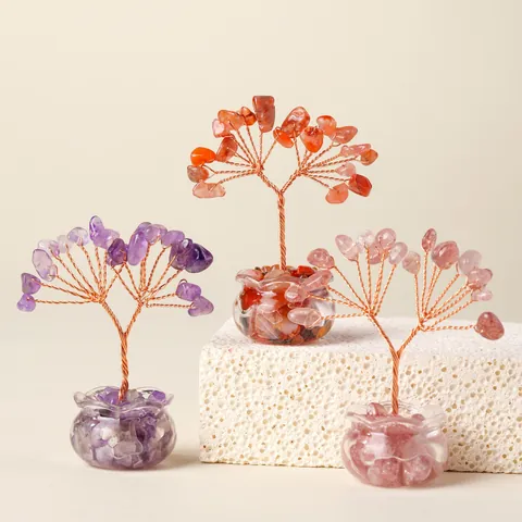 Natürlicher Kristall-Geldbaum Miniatur-Reichtums-Glücksbaum Handgefertigter Kupferdraht-Umwickelter Edelsteinbaum Mit Glasschalen-Basis Für Home-Office-Auto-Dekor Feng Shui Ornament Geschenk