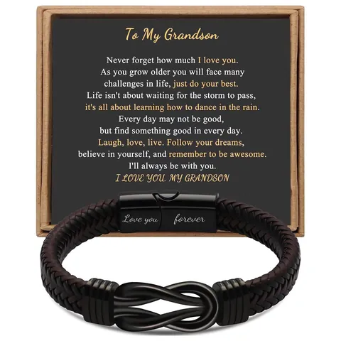 Heren Handgevlochten Leren Armband Roestvrij Stalen Magneetsluiting Infinity Knoop Armband Met Gravering Cadeauverpakking Set