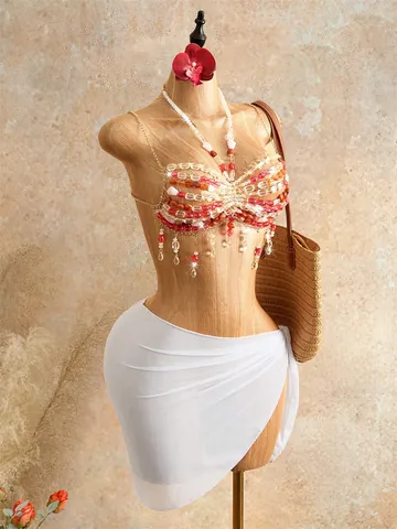 Women Bohemian Hand Beaded Halter Top Acrylic Tassel Sexy Beach Holiday Multicolor Top