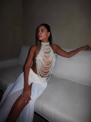 Elegant Multi-Layer Artificial Pearl Halter Vest Top For Women Handmade Chic Bandeau Body Chain Evening Party Sleeveless Top