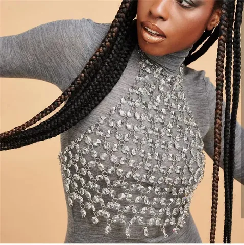 Women Gemstone Patchwork Halter Neck Backless Tank Top Y2K Rhinestone Mesh Crop Top Disco Party Clubwear Metallic Fabric Vest