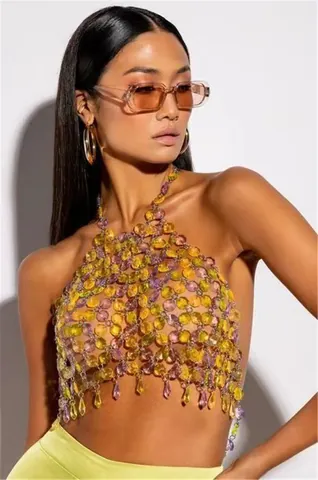 Women Gemstone Patchwork Halter Neck Backless Tank Top Y2K Rhinestone Mesh Crop Top Disco Party Clubwear Metallic Fabric Vest