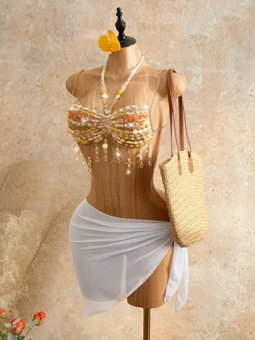 Women Bohemian Hand Beaded Halter Top Acrylic Tassel Sexy Beach Holiday Multicolor Top