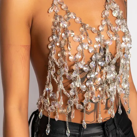 Sexy Halter Transparente Flecos Cadena de Cuerpo Top Cuentas de Acrílico Aleación Enlace Chaleco de Flecos Para Mujeres Fiesta