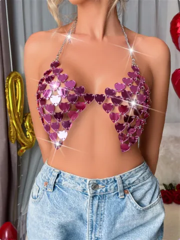 Damen Sexy Herzförmige Acrylkette Bralette Halter Rückenfreies Crop Top Metallic Verbundenes Herz Weste Für Party Club Festival Rave