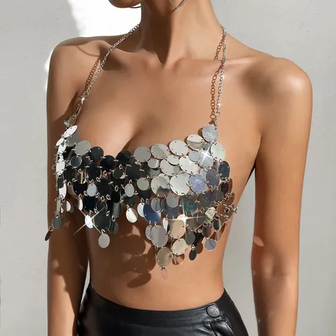 Sexy Silver Sequin Halterneck Backless Top For Women Nightclub Party Chain Linked Vest Y2K Fashion Metal Body Chain Top