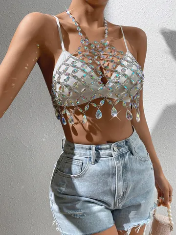 Top Halter con Ciondoli di Cristallo Cangiante Sexy Traforato Rete Body Chain Top da Discoteca Rave Party per Donna