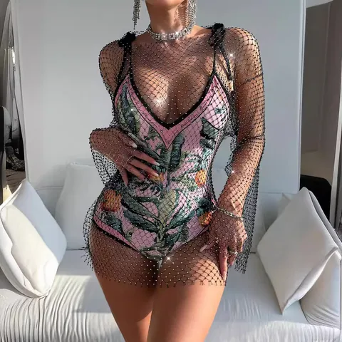 Women's Elegant Mesh Long Sleeve Rhinestone Dress Sexy See-Through Hollow Out Midi Dress For Party Night Outwear