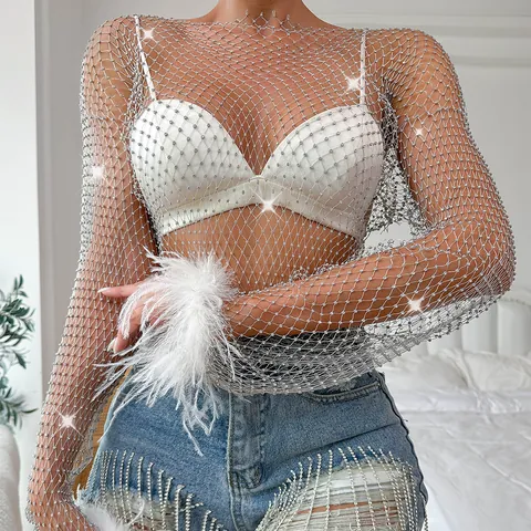 Women's Sexy Rhinestone Fishnet Long Sleeve T-Shirt Feather Cuff Hollow Out Top Mesh Pullover Nightclub Party Clothes