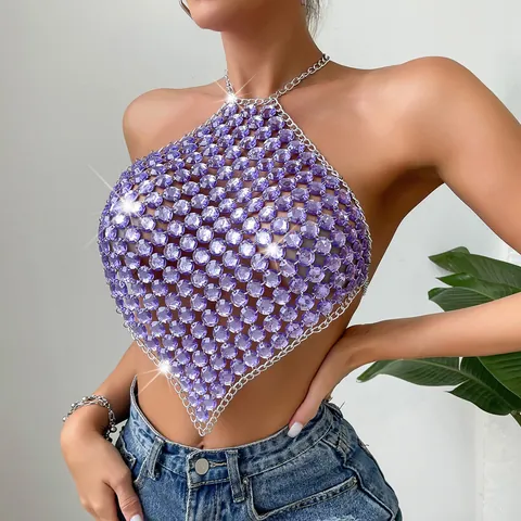 Top Halter Sexy da Donna in Acrilico Viola con Strass Catena in Metallo Patchwork Top Corto Senza Schiena per Festa Nightclub Estate