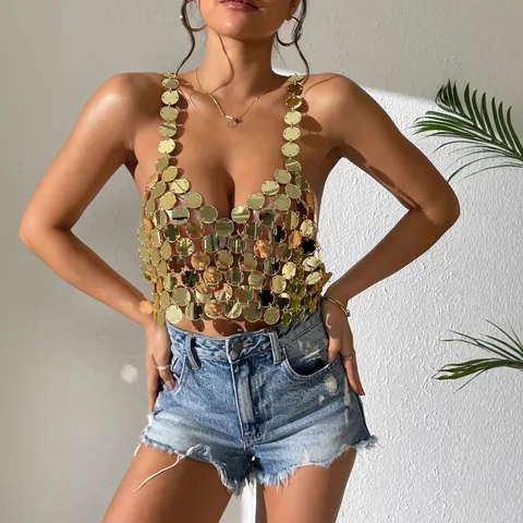 Women Sexy Acrylic Sequin Paillette Halter Top Backless Nightclub Party Patchwork Crop Tank Top Y20126