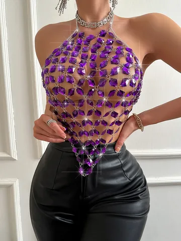 Women Sexy Backless Alloy Metal Chain Vest Acrylic Rhombus Gem Halter Top Y2K Party Clubwear Body Chain Accessories Clothing