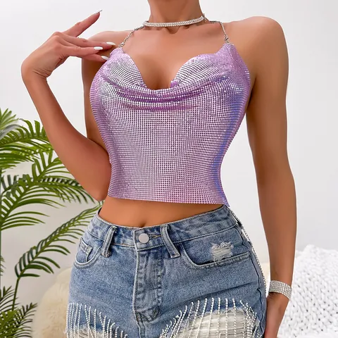 Sexy Metallic Sequin Halter Cami Top For Women Backless Cowl Neck Sparkly Tank Top Party Rave Clubwear Y20353 Crop Top