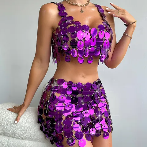 Conjunto de Top Corto de Camisola con Lentejuelas de Metal y PVC Morado Sexy para Mujer y Minifalda Patchwork Hecho a Mano Ropa de Calle