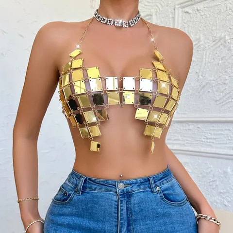 Women Sexy Gold Acrylic Sequin Patchwork Halter Neck Backless Top Metal Chain Club Party Wear Slim Fit Crop Top
