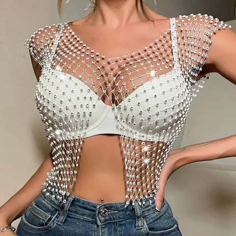 Women Sexy Fishnet Rhinestone Tank Top See-Through Hollow Out Camisole With Front Slit Sleeveless Party Clubwear Top
