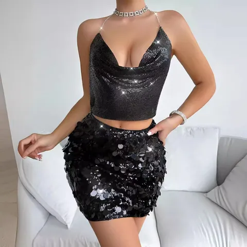 Women Sexy Metal Sequin Halter Cami Top Deep V Neck Backless Crop Tank Top Shiny Chainmail Party Clubwear