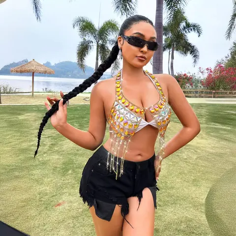 Top Halter con Flecos de Piedras Preciosas Artificiales Hecho a Mano Sexy Festival de Música Bloque de Color Cami Corta Mujer Party Clubwear