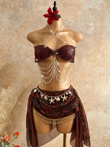 Sexy Wine Red Rhinestone Mesh Corset Body Chain Multi Layer Tassel Alloy Chest Chain Nightclub Party Bikini Top Accessory