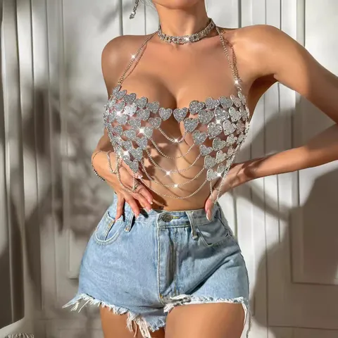 Women Sexy Acrylic Sequin Heart Splicing Metal Chain Halter Top Nightclub Beach Party Streetwear Silver Crop Top