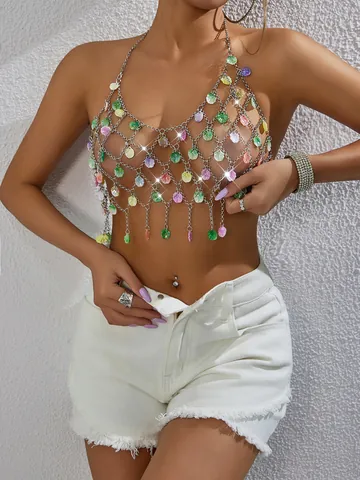 Women Sexy Multicolor Halter Top Rhinestone Chain Tassel Patchwork Backless Vest Top For Party Night Club Beach Bohemian Top