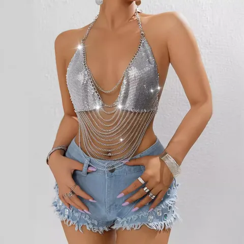 Women Sexy Metal Sequin Tassel Bra Chain Halter Body Chain For Nightclub Party Silver Aluminum Mesh Jewelry Accessories