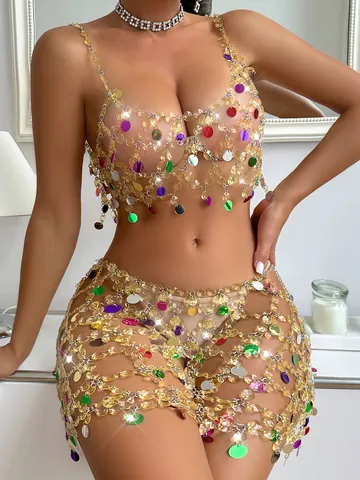 Women Sexy Hollow Out Rhinestone Body Chain Alloy Colorful Sequin Crop Top And Mini Skirt For Nightclub Stage Performance Party Jewelry Accessories