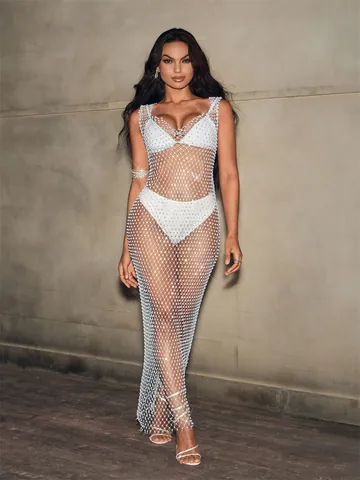 Women Sexy Hand Woven Fishnet Rhinestone Bikini Cover Up Dress Nylon Shiny Long Sleeve Hollow Beach Party Long Dress Top And Bottom Set