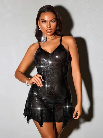 Sexy Women Sequin Halter Mini Dress V-Neck Aluminum Mesh Bodycon Backless Party Clubwear Night Out Summer Short Dress