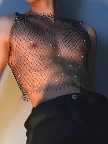 Men Sexy Rhinestone Fishnet Tank Top Nylon See Through Mesh Vest Nightclub Performance Sleeveless Crop Top