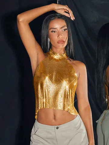 Women's Metal Sequin Halter Top Sexy Backless Crop Top Gold Silver Aluminum Mesh Sparkly Party Tank Top Nightclub Vest