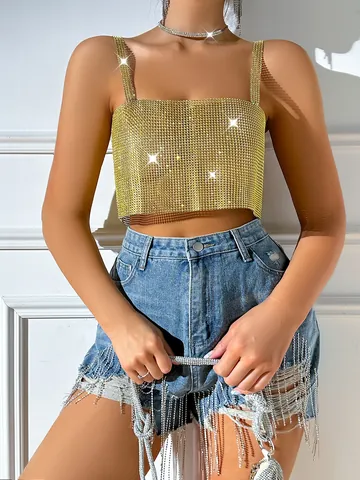 Women Sexy Fishnet Rhinestone Camisole Top Sparkling Mesh Hollow Out Crop Top For Party Night Club Y2K Streetwear Fashion