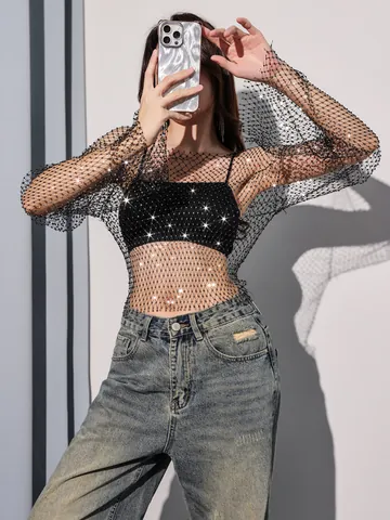 Women Sexy Square Neck Mesh Rhinestone Flare Sleeve Top Sparkling See Through Party Clubwear Pullover Top