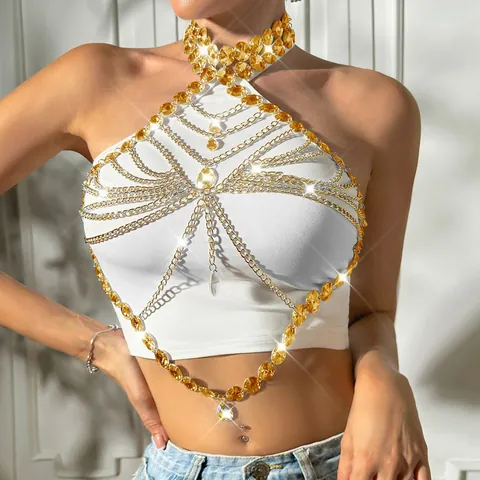 Chaîne de Corps Sexy Multicouche pour Femme Chaîne de Poitrine Strass Aluminium Acrylique Bijoux de Corps de Fête de Club