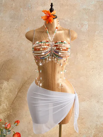 Cadena de Cuerpo Bohemio Multicolor de Piedra Natural Cuarzo Rosa para Mujer Aleación de Plata Borla de Strass Gota de Agua Cadena de Pecho Joyería de Playa