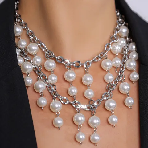 Luxus Künstliche Perle Halskette Legierung Strass Quaste Choker Für Damen Europäische Übertriebene Mehrschichtige Modeschmuck Halsschmuck