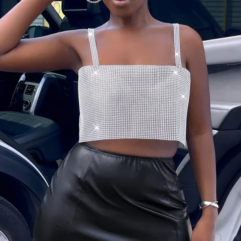 Women Sexy Fishnet Rhinestone Camisole Top Sparkling Mesh Hollow Out Crop Top For Party Night Club Y2K Streetwear Fashion