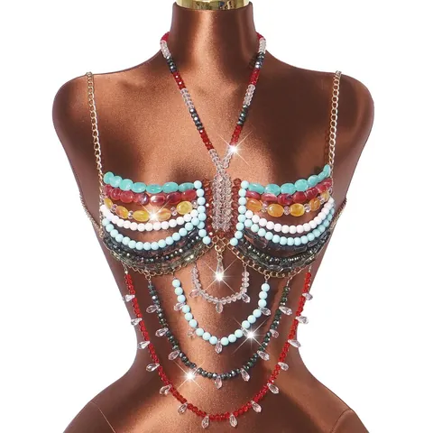 Cadena de Cuerpo Halter de Cuentas Hechas a Mano Sexy Espalda Descubierta Top Sujetador de Cuentas Acrílicas Joyería Fiesta Playa para Mujer Multicolor