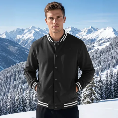 Men American Style Varsity Jacket And Pants Set Fleece Lined Stand Collar Baseball Uniform Striped Ribbed Trim Casual Sportswear Tracksuit Top And Bottom
