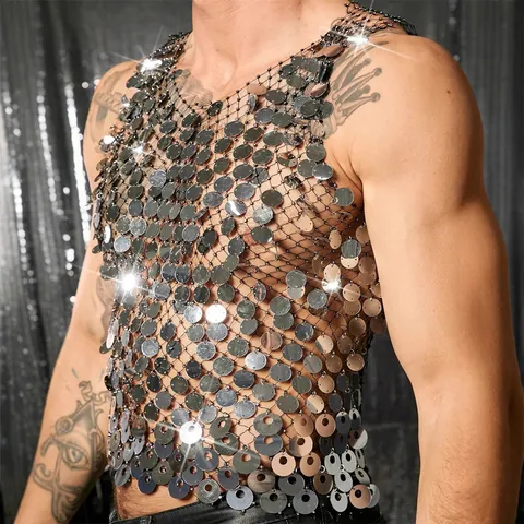 Herren Pailletten Weste Aushöhlung Handgefertigt Retro Disco Streetwear Polyamid Ärmellose Tank Top Gold Silber Schwarz