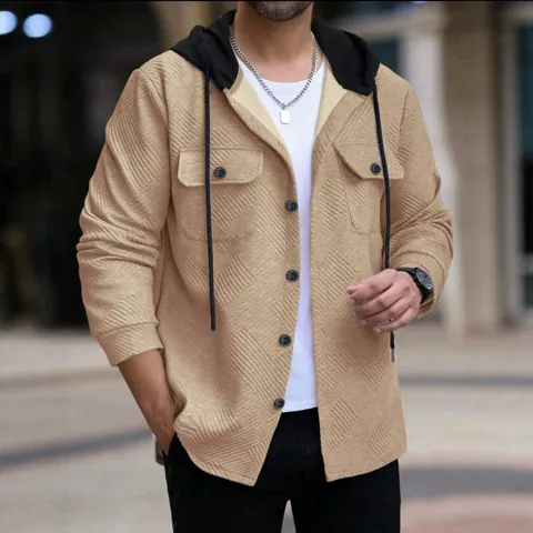 Giacca da Uomo con Cappuccio in Jacquard Pesante Blocchi di Colore Casual Manica Lunga Vestibilità Comoda Capispalla Cappotto