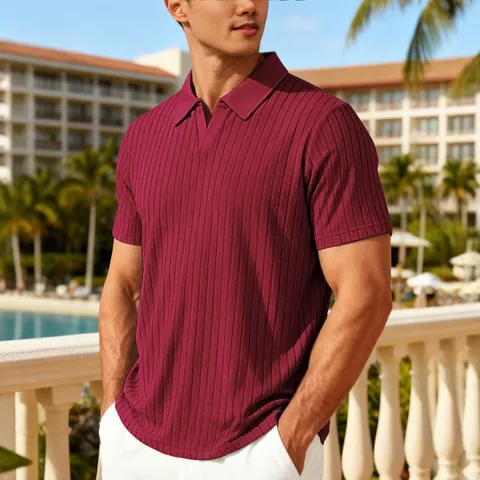 Men's Casual Vertical Stripe Jacquard Polo Shirt Breathable Polyester Short Sleeve Notch Neck Summer Vacation Top