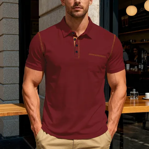 Men's Casual Short Sleeve Polo Shirt Solid Color Contrast Stitching Lapel Top With Chest Pocket Sporty Polyester Shirt