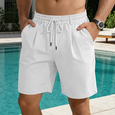 Short Décontracté en Coton et Lin pour Homme Coupe Large Cordon de Serrage Taille Élastique Short de Plage Été Couleur Unie