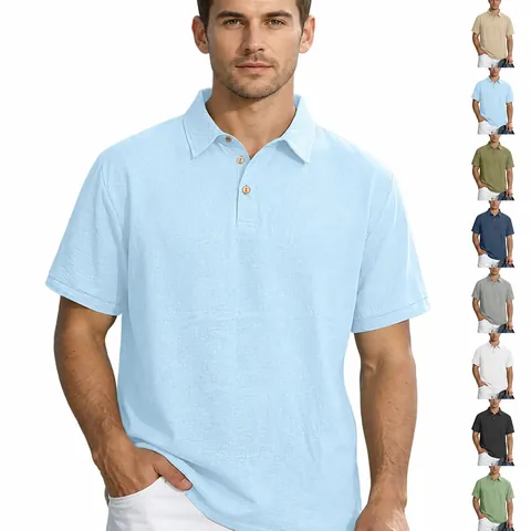Men's Casual Linen Polo Shirt Breathable Quick Dry Turn-down Collar Short Sleeve Top Summer Outdoor British Style